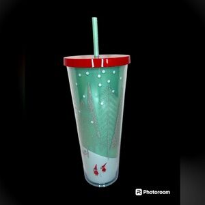 Starbucks Holiday Mint Green Glitter Christmas Trees Gnomes Snowballs 24oz Straw